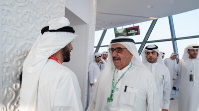 Sheikh Nahyan Bin Zayed Al Nahyan, Chairman of the Board of Trustees of Zayed bin Sultan Al Nahyan Charitable and Humanitarian Foundation and Sheikh Hamdan bin Rashid Al Maktoum, Deputy Ruler of Dubai and UAE Minister of Finance, attend the final day of the 2019 Formula 1 Etihad Airways Abu Dhabi Grand Prix, at Shams Tower. Ryan Carter for the Ministry of Presidential Affairs