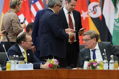 Norway's Foreign Minister Espen Barth Eide, left, and Germany's Foreign Minister Johann Wadephul at the meeting in Berlin. AFP