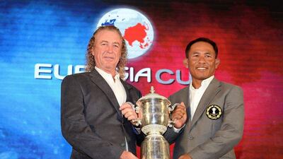 Miguel Angel Jimenez, left, captain of Team Europe and Thongchai Jaidee, right, captain of Team Asia, at the opening ceremony for the EurAsia Cup on Wednesday in Kuala Lumpur, Malaysia. Ross Kinnaird / Getty Images / March 26, 2014