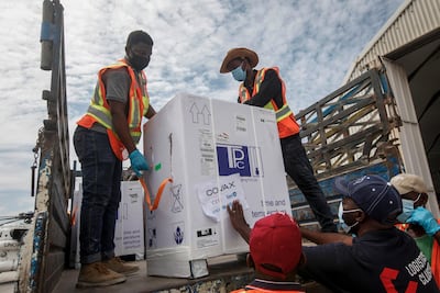 Boxes of the AstraZeneca vaccine, manufactured by the Serum Institute of India and provided through the global Covax initiative, arrive in Mogadishu this week. AP Photo