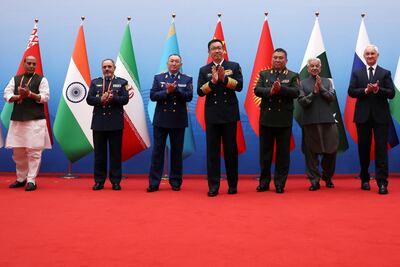 Defence ministers of China, India, Iran, Kazakhstan, Kyrgyzstan, Pakistan, and Russia at the SCO defence ministers' meeting in China in June. Reuters