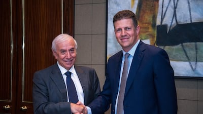 Majid Jafar, the chief executive of Crescent Petroleum, right, with Kurdish minister Ashti Hawrami. Crescent is the parent company of Dana Gas. Courtesy Crescent Petroleum