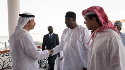 Sheikh Abdullah bin Zayed, Minister of Foreign Affairs and International Cooperation, receives with Adama Barrow, President of Gambia (2nd L), during a Sea Palace barza. Seen with Sheikh Mansour bin Zayed. Mohamed Al Hammadi / Ministry of Presidential Affairs