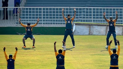 Pakistan players train at the Rawalpindi Cricket Stadium. AFP