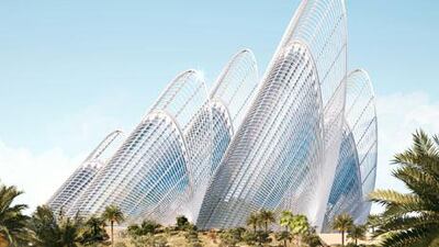 The Zayed National Museum as seen from the park looking north-east. The shape is inspired by a falcon's wing.