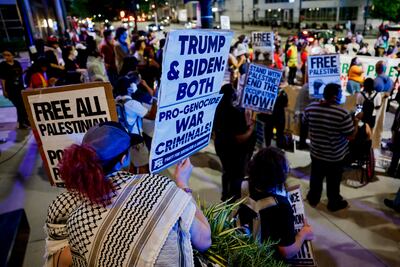 Pro-Palestinian protesters gather near the location of the presidential debate between Joe Biden and Donald Trump in Atlanta this week. EPA