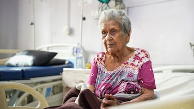 Gunmaya Bohra, 97, receives treatment at Bir Hospital in Kathmandu, Nepal. Shazia Ahmed / The National