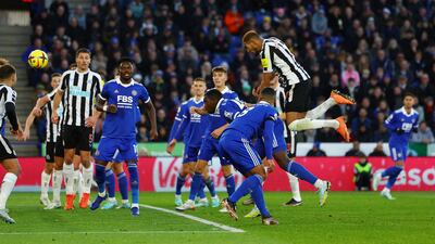 Joelinton heads home Newcastle's third goal against Leicester. Reuters