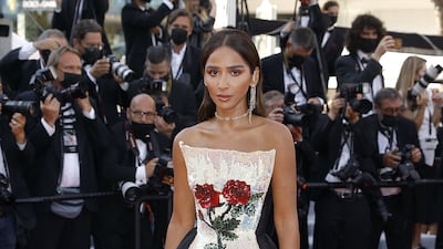 Hala Abdallah, wearing a Rami Kadi gown, arrives for the screening of 'De Son Vivant' (Peaceful) during the 74th annual Cannes Film Festival, in Cannes, France, on July 10, 2021