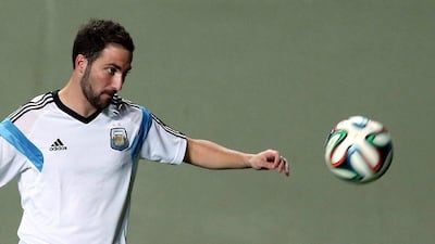 Gonzalo Higuain shown during a training session in Brazil as Argentina prepare for the 2014 World Cup. Andres Ballesteros / EPA