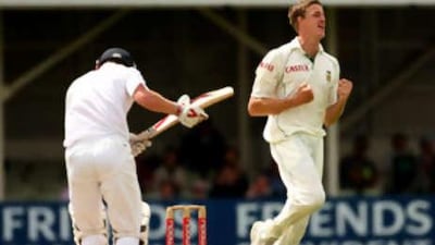 Morne Morkel celebrates after taking the vital wicket of Paul Collingwood.