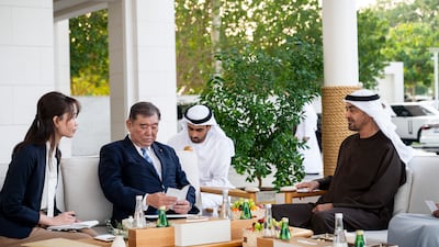 President Sheikh Mohamed receives a written message from Sanae Takaichi, Prime Minister of Japan, delivered by her special envoy. Mohamed Al Hammadi / UAE Presidential Court ---