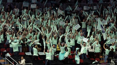 Supporters react as Democratic presidential candidate Sen. Elizabeth Warren speaks during the Iowa Democratic Party's Liberty and Justice Celebration in Des Moines, Iowa. AP