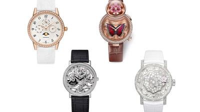 LADIES' HIGH MECHANICAL - The super high end of the women's watch market. From left: Montblanc Bohème Perpetual Calendar Jewellery, Piaget Altiplano 1200S, Jaquet Droz Lady 8 Flower and Chaumet Hortensia Creative Complication. Courtesy GPHG