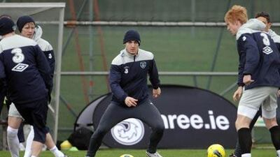 Kevin Doyle, centre, and his Republic of Ireland teammate’s go through a training session ahead of their match against Estonia.