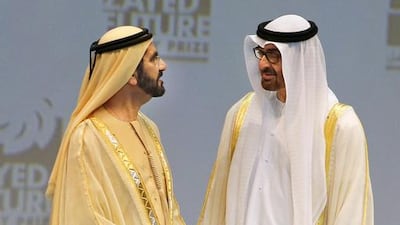 Sheikh Mohammed bin Rashid, Vice President and Ruler of Dubai, left, and Sheikh Mohammed bin Zayed, Crown Prince of Abu Dhabi and Deputy Supreme Commander of the UAE Armed Forces, at the opening of the World Future Energy Summit. Mohamed Al Hammadi / Crown Prince Court - Abu Dhabi