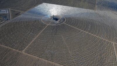 An aerial view of mirrors at the Ivanpah solar electric generating system, the largest solar thermal power tower system in the world. Ethan Miller / Getty Images / AFP