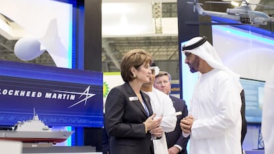 Sheikh Mohammed bin Zayed, the Crown Prince of Abu Dhabi and Deputy Supreme Commander of the Armed Forces, speaks with Lockheed Martin chief executive Marillyn Hewson at the Dubai Airshow. Ryan Carter / Crown Prince Court - Abu Dhabi
