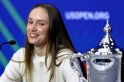 Elena Rybakina of Kazakhstan fields questions from the media after defeating Aryna Sabalenka. AFP