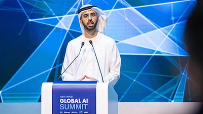 Omar Sultan Al Olama, Minister of State for Artificial Intelligence, Digital Economy and Remote work Applications speaking at the Abu Dhabi Global AI Summit in Abu Dhabi. Ruel Pableo for The National