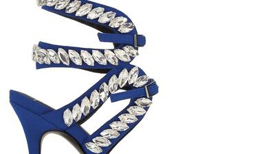 Giuseppe Zanotti lavishly adorns the heels of a satin sandal with marquis shaped diamantes for flawless sheen. Courtesy Giuseppe Zanotti