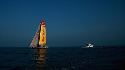 Abu Dhabi Ocean Racing shown in the lead at the start of Leg 3 of the Volvo Ocean Race, from Abu Dhabi to Sanya, China, on Saturday in the Arabian Gulf shores off the UAE coast. Photo Courtesy / Volvo Ocean Race / Getty Images