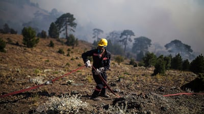 A firefighter adjusts a hosepipe during a bushfire in Mugla, Turkey, in July. AP