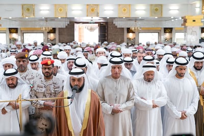 Sheikh Saud bin Saqr Al Qasimi, Supreme Council Member and Ruler of Ras Al Khaimah,performs funeral prayers Ali Saleh Ismail Al Tunaiji at the Abdullah Ali Ibrahim Al Aamash Mosque in Al Rams, Ras Al Khaimah. Wam