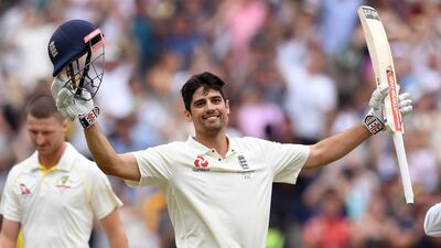 Alastair Cook celebrates scoring his double century against Australia on the third day of the fourth Ashes cricket Test match at the MCG. AFP