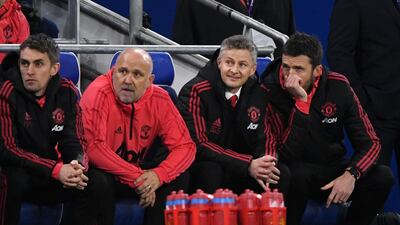 Ole Gunnar Solskjaer, the then interim manager of Manchester United, with Michael Carrick during the Premier League match against Cardiff City in December, 2018. Getty