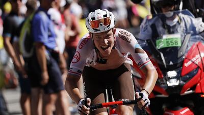 Luxembourg rider Bob Jungels on his way to victory on Stage 9. EPA
