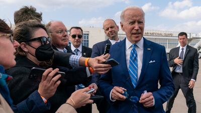 President Joe Biden speaks to the media before boarding Air Force One at Des Moines International Airport, en route to Washington. AP