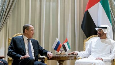 Sheikh Mohamed bin Zayed, Crown Prince of Abu Dhabi and Deputy Supreme Commander of the Armed Forces, meets Sergey Lavrov, Russian Minister for Foreign Affairs, in Abu Dhabi on Thursday. Courtesy Sheikh Mohamed bin Zayed Twitter