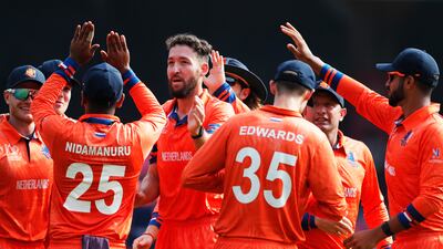 Paul van Meekeren of Netherlands celebrates the wicket of Shubman Gill of India. Getty Images