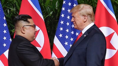 US President Donald Trump and North Korean leader Kim Jong-un at last year's Singapore summit. Kevin Lim / EPA