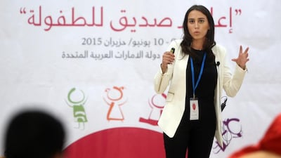 Nancy Merheb, researcher at the Supreme Council for Motherhood and Children, speaks at the workshop. Delores Johnson / The National