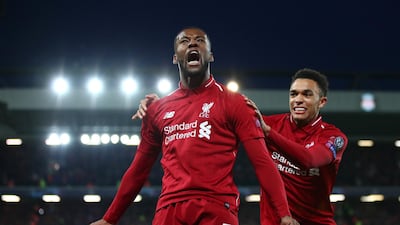Georginio Wijnaldum celebrates after scoring his team's third goal at Anfield. Getty.