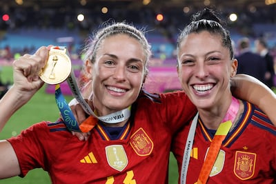 Spain's midfielder Jennifer Hermoso, right, celebrates the World Cup win with teammate Alexia Putellas. AFP