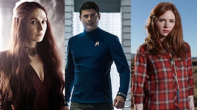Some of the stars coming for this year's Middle East Comic Con: Carice Van Houten as Melisandre, the Red Witch, in Game of Thrones. Courtesy HBO. Karl Urban in Star Trek: Beyond. Kimberley French / Paramount Pictures. Karen Gillan in Doctor Who. Courtesy BBC