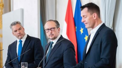 Austria's Interior Minister Karl Nehammer, Austrian Chancellor Alexander Schallenberg and Austrian Health Minister Wolfgang Mueckstein address a press conference in the capital city of Vienna. AFP