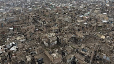 An aerial view shows destroyed buildings in the war-ravaged old part of Iraq's northern city of Mosul. AFP