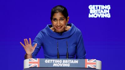British Home Secretary Suella Braverman speaks on day three of the Conservative Party conference on Tuesday. Getty