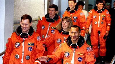 Space shuttle Discovery astronauts, front row, left-to-right, Pilot Kenneth Reightler, Jan Davis, Commander Charles Bolden, back row, Sergei Krikalev of Russia, Ronald Sega and Franklin Chang-Diaz in 1994. Pierre Ducharme