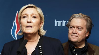 Front National leader Marine Le Pen giving a joint press conference with former US chief strategist Steve Bannon in France / Getty