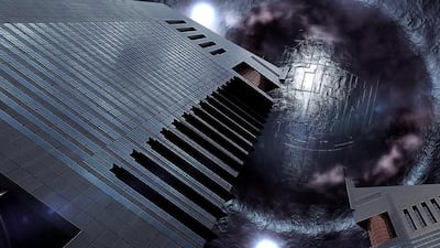 A still from Aerials with the Alien spaceship right above Emirates Towers. Courtesy producer Ghanem Ghubash