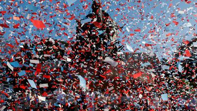 Filipinos celebrate the 36th anniversary of the EDSA People Power Revolution at the People Power Monument in Quezon City, Philippines, February 25, 2022. The 'revolution' in 1986 was a peaceful citizens' uprising that ousted the late president Ferdinand Marcos. EPA