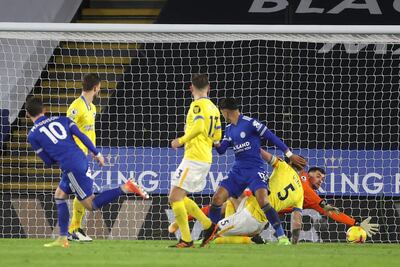 Leicester's James Maddison, (No.10), scores against Brighton. AP