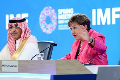 IMF Managing Director Kristalina Georgieva, right, speaks during a press conference at the fund's headquarters with Saudi Finance Minister Mohammed Al Jadaan in Washington. Bloomberg