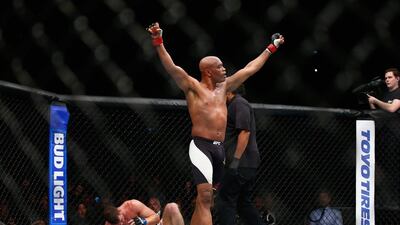 LONDON, ENGLAND - FEBRUARY 27: Anderson Silva of Brazil starts to celebrate his victory believing that he had knocked out Michael Bisping of Great Britain during the Middleweight Bout of the UFC Fight Night at The O2 Arena on February 27, 2016 in London, England. (Photo by Christopher Lee/Getty Images)