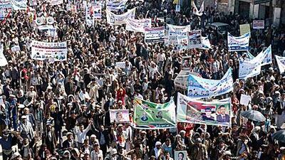 Thousands protest on the streets of Sanaa yesterday calling for Ali Abdullah Saleh, the outgoing president, to stand trial for the killings of over 1,100 people since the uprising against him began.